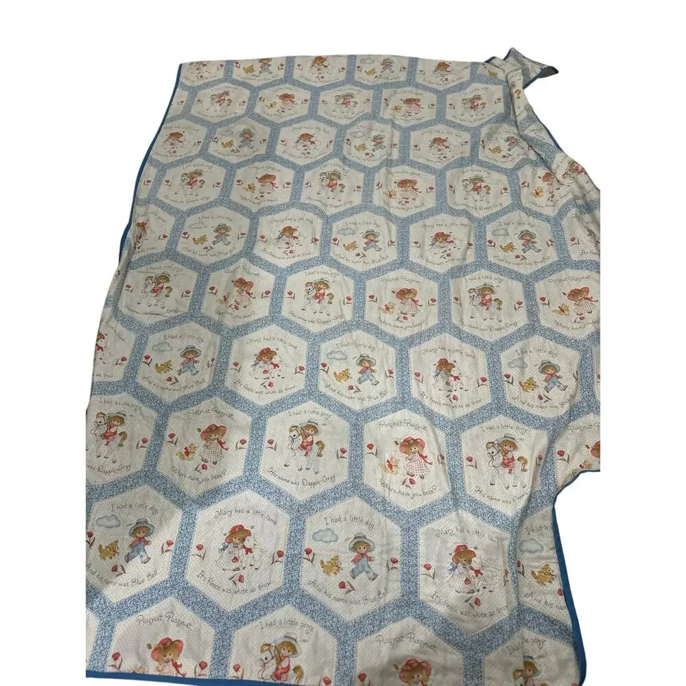 Vintage 1980s Baby Quilt Featuring Hexagon Panels Nursery Rhyme Motif Blue Twin